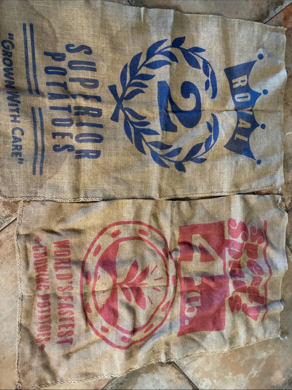 Set of Vintage burlap Potato Sacks with Blue "Royal" and Red Graphics. Large